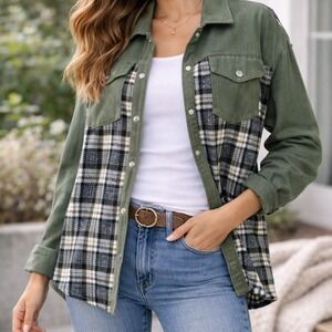 Plaid & Olive‎ Green Shacket Snap Button Lightweight Jacket Layering Oversized